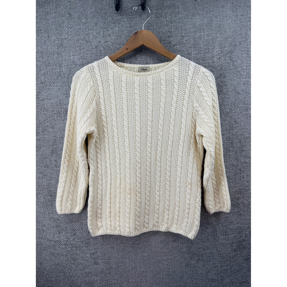 LL Bean Women's Med Cream Cable Knit‎ 100% Cotton Sweater Crew Neck Pullover